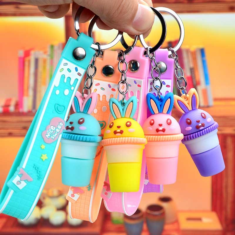 Cute Bunny Milk Tea Cup Keychain - Adorable Design with a lanyard, Perfect for Tea and Rabbit Lovers