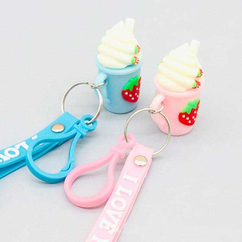 Manufacturer Direct! White Ice Cream and Strawberry Boba Keychain - with Lanyard and Clasp, Great for Backpack Charm or Gift