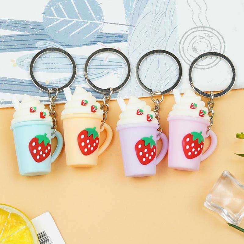 Factory Wholesale Ready Stock: 3D Figurine Snow white ice cream and Strawberry Fruit Silicone Keychain with Bell Charm - Ideal for Student Bag Charms