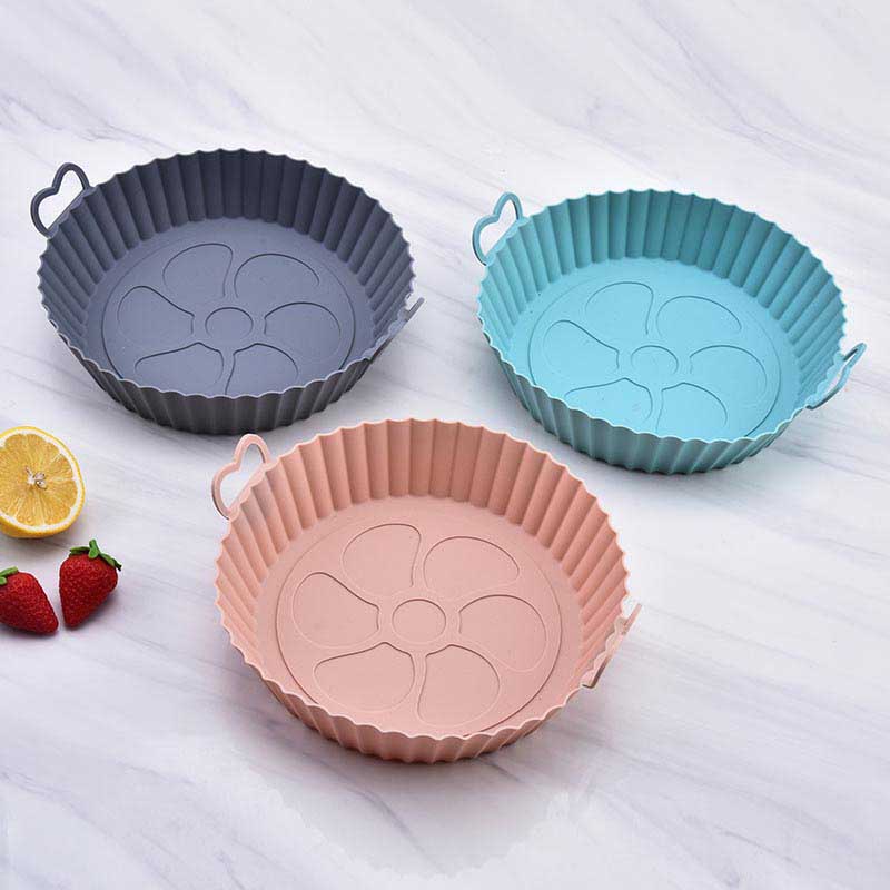 Round Air Fryer Silicone Bakeware - 22cm Diameter - Great for BBQ, French Fries, Roasted Chicken - with Anti-scald Carrying Handles - High and Low-Temperature Compatible