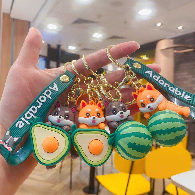 Shiba Inu Watermelon Avocado 3D Doll Silicone Keychain with a Lanyard Bag Charm and Gift Ready Stock Factory Wholesale