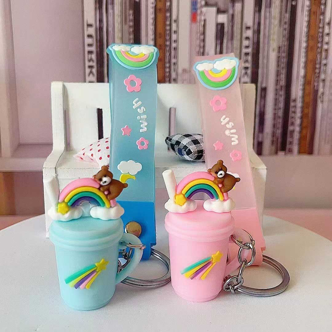 Rainbow Donut Milk Tea Cup Keychain - Silicone Material, Unique Design, Joyful Companion, Perfect for Kids and Dessert Enthusiasts