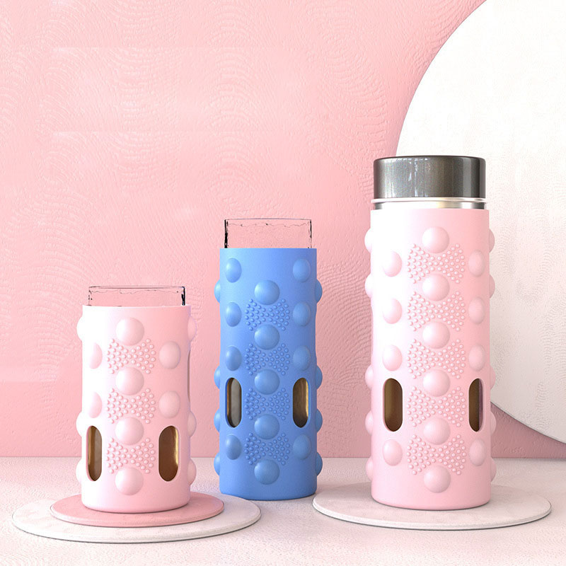 Silicone Bottle Sleeve for Glass Cups and Glass Water Bottles with Heat Insulation, Anti-scalding, and Anti-fall Design featuring Raised Small Dots on the Surface