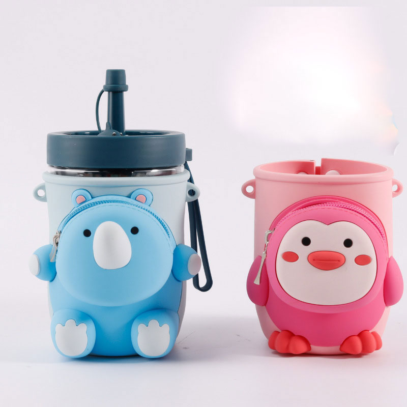 Cute Cartoon Children's Cup Insulation Silicone Bottle Sleeve with Shoulder Strap Buckle and Zipper Pouch