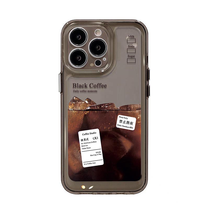 Custom silicone phone case featuring a realistic iced Americano coffee pattern