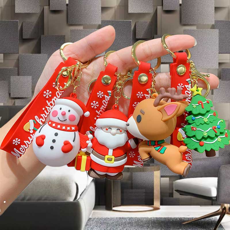 Wholesale Silicone Keychain Pendant with Reindeer, Christmas Tree, Snowman, and Santa Claus, with Red Lanyard