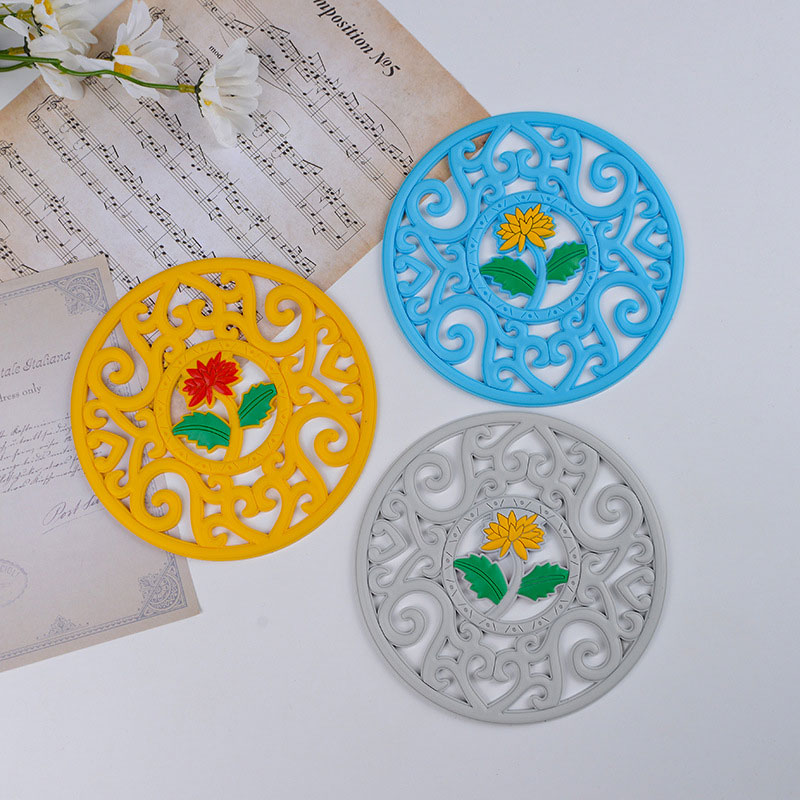 Silicone Coasters with Hollow-out Design, Colorful Flower Texture, Heat Insulation, and Non-slip Feature
