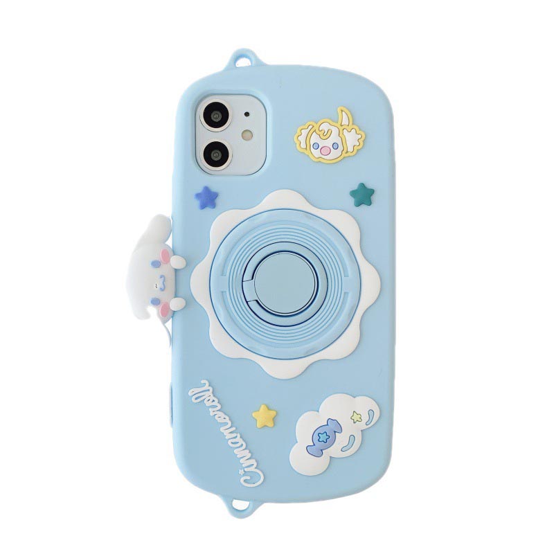 Camera style big-eared dog silicone phone case anti-fall strap shoulder strap and stand phone casing