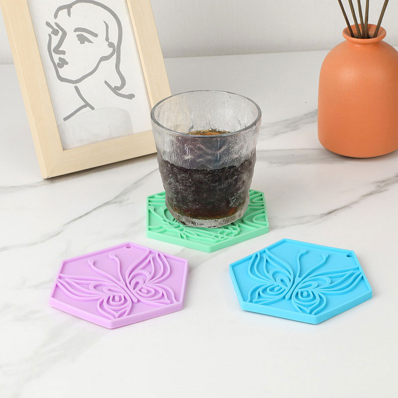 Hexagonal Silicone Coasters with Butterfly Relief Texture, Factory Stock for Wholesale