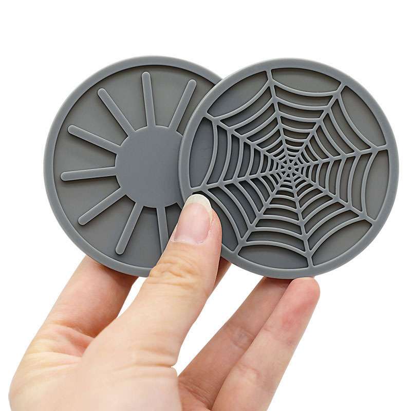 Automotive Anti-Slip Cup Silicone Coasters, Round Heat-Resistant Pad with Spider Web and Dot Bump Texture Design