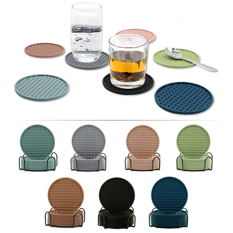 Food-Grade Tea Cup Silicone Coasters with Star-Shaped Bump Texture and Metal Holder