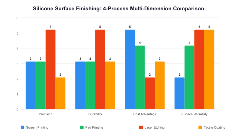 Radar chart comparing four silicone surface finishing processes across seven dimensions: precision, thickness, durability, surface adaptability, tactile feel, cost, and light transmission