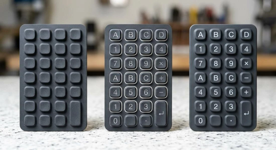 Three-step silicone keypad finishing process shown side by side: base coat spraying, laser etching, and tactile topcoat sealing
