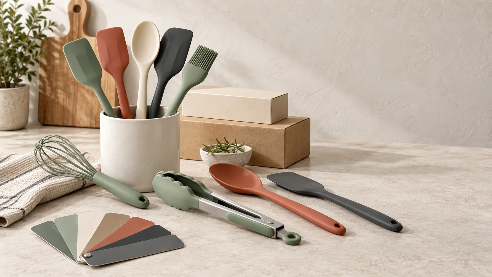 A silicone kitchenware set in muted colors with plain packaging and color swatches for private-label export programs