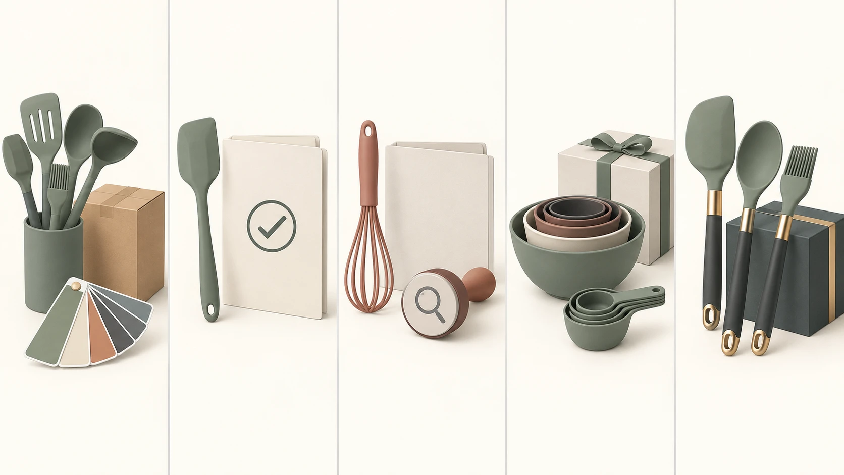 Five-panel illustration of silicone kitchenware buyer priorities: colors and sets, compliance documents, local checks, compact storage, and gold-accented gift packaging