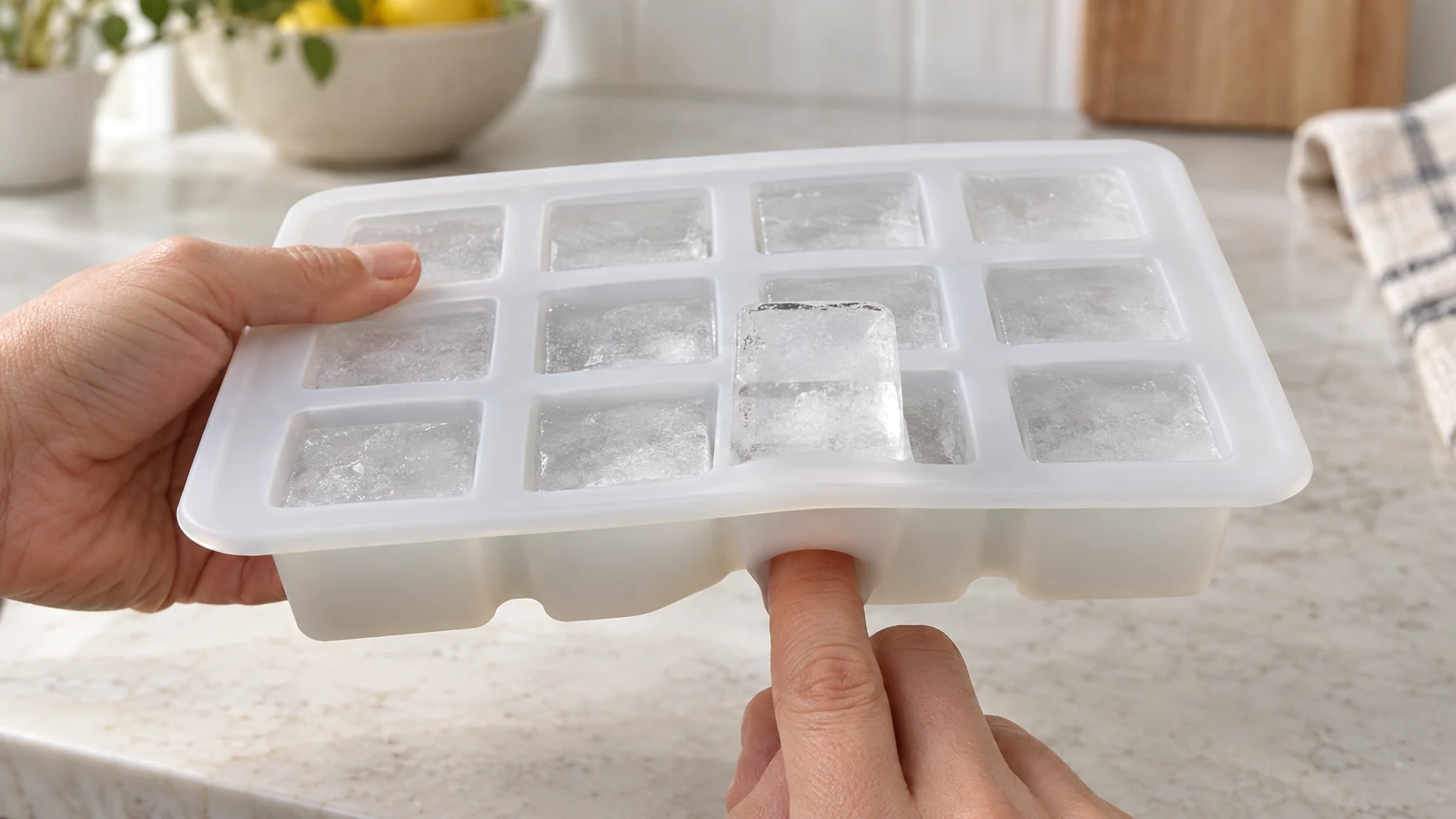 A finger pushes an ice cube upward from the bottom of a silicone tray while the cavity walls flex locally