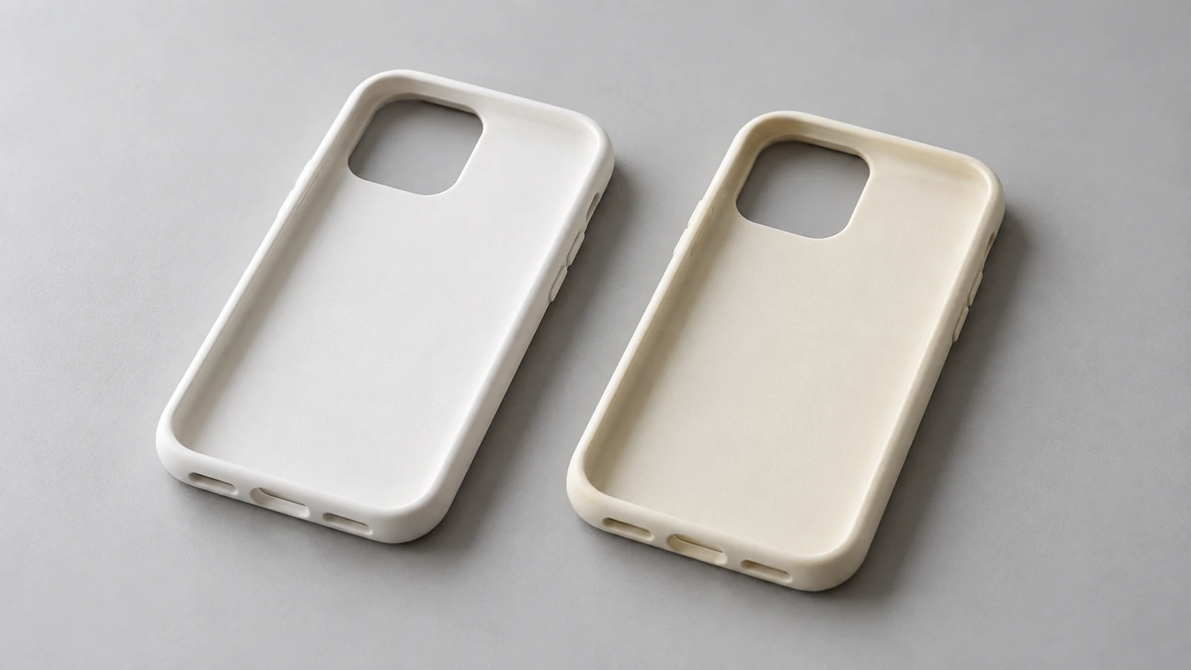 A white matte silicone phone case beside a slightly yellowed one under the same lighting
