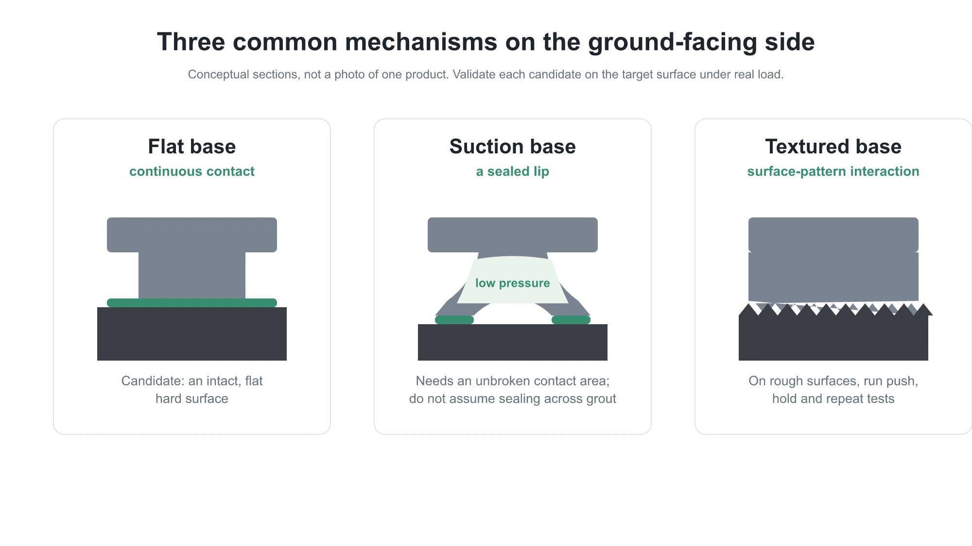 Anti-slip pad base profile quick guide: flat base relies on continuous contact, suction base relies on lip sealing, and textured base engages surface roughness