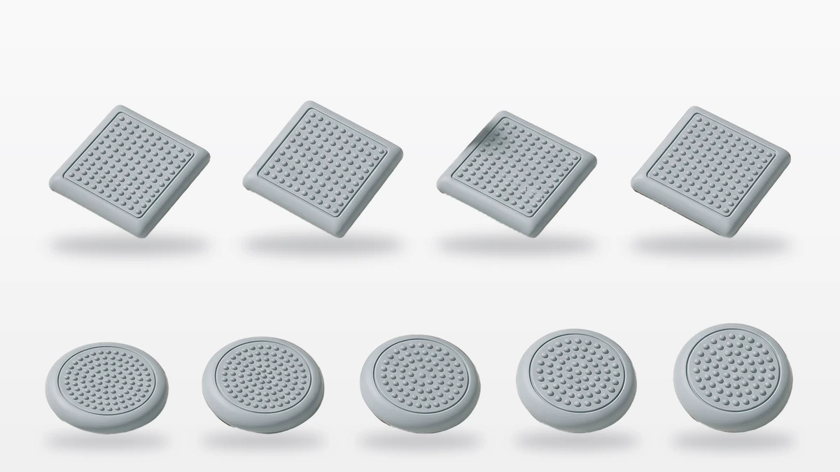 YueHouDZ molded silicone anti-slip feet: light gray silicone pads in round and square profiles with hemispherical studs on the top surface