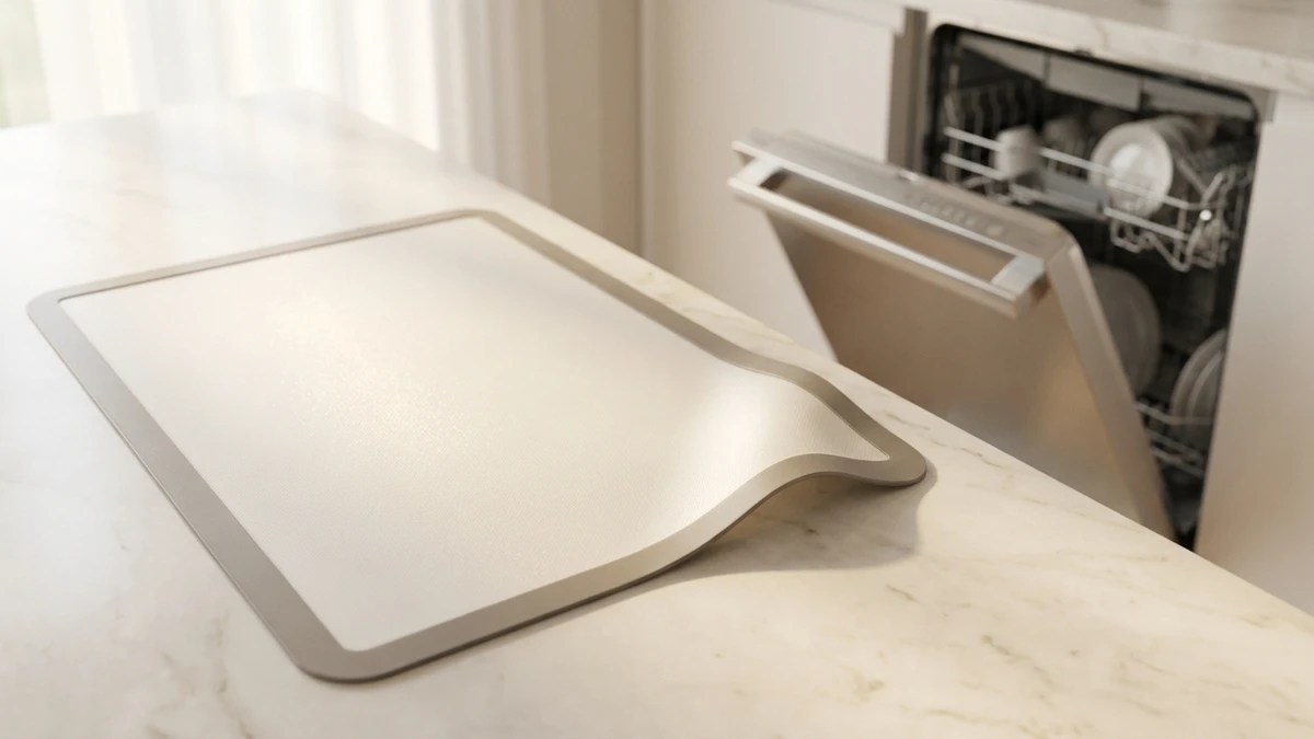 Matte food-grade silicone baking mat on a kitchen countertop with a dishwasher in the background