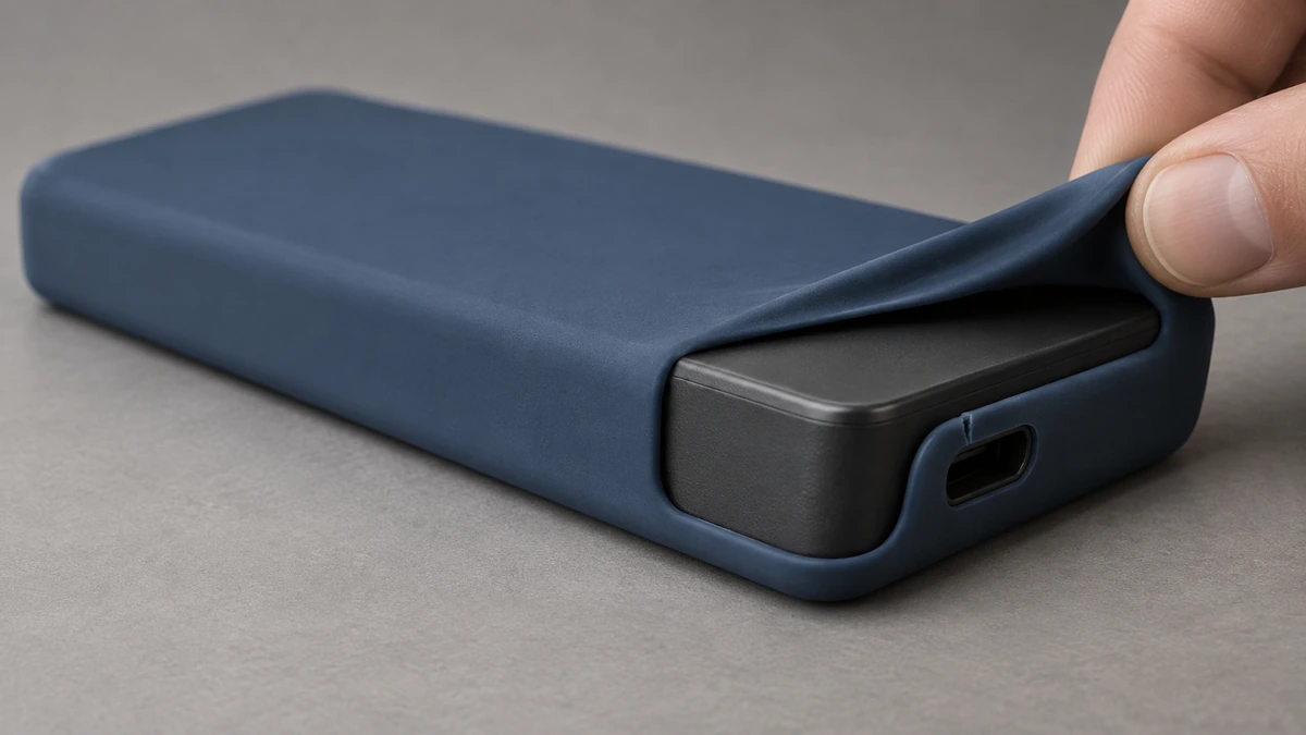 A short initial crack at the port cutout of a matte silicone protective sleeve during removal