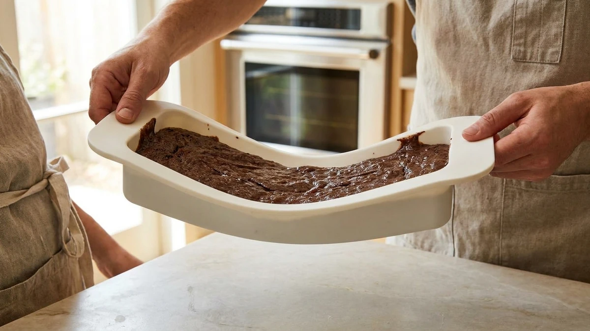 A full silicone baking pan carried by two hands, the pan body sagging at mid-span
