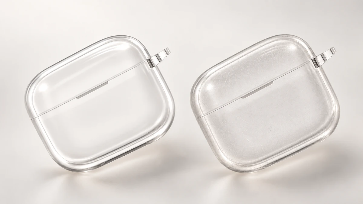 The same clear silicone case when initially transparent and after dust pickup and light haze develop during use