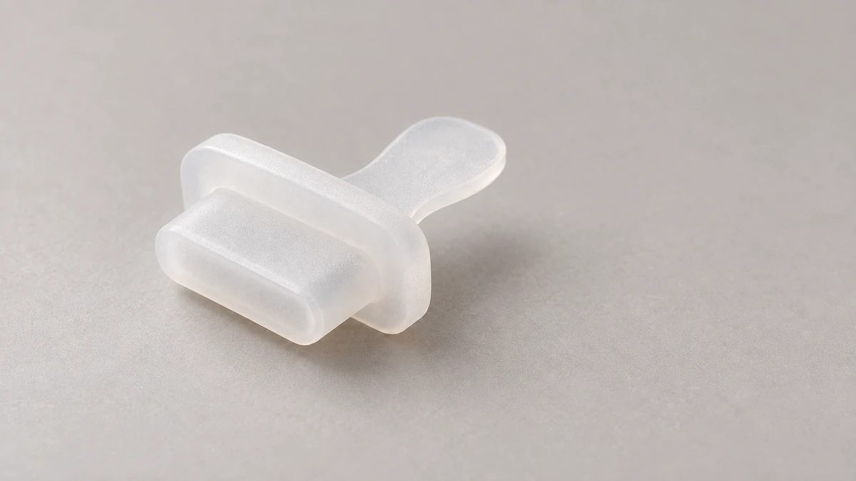 Schematic product photo of a USB-C silicone dust plug with a flat insertion tip, retention shoulder, and pull tab